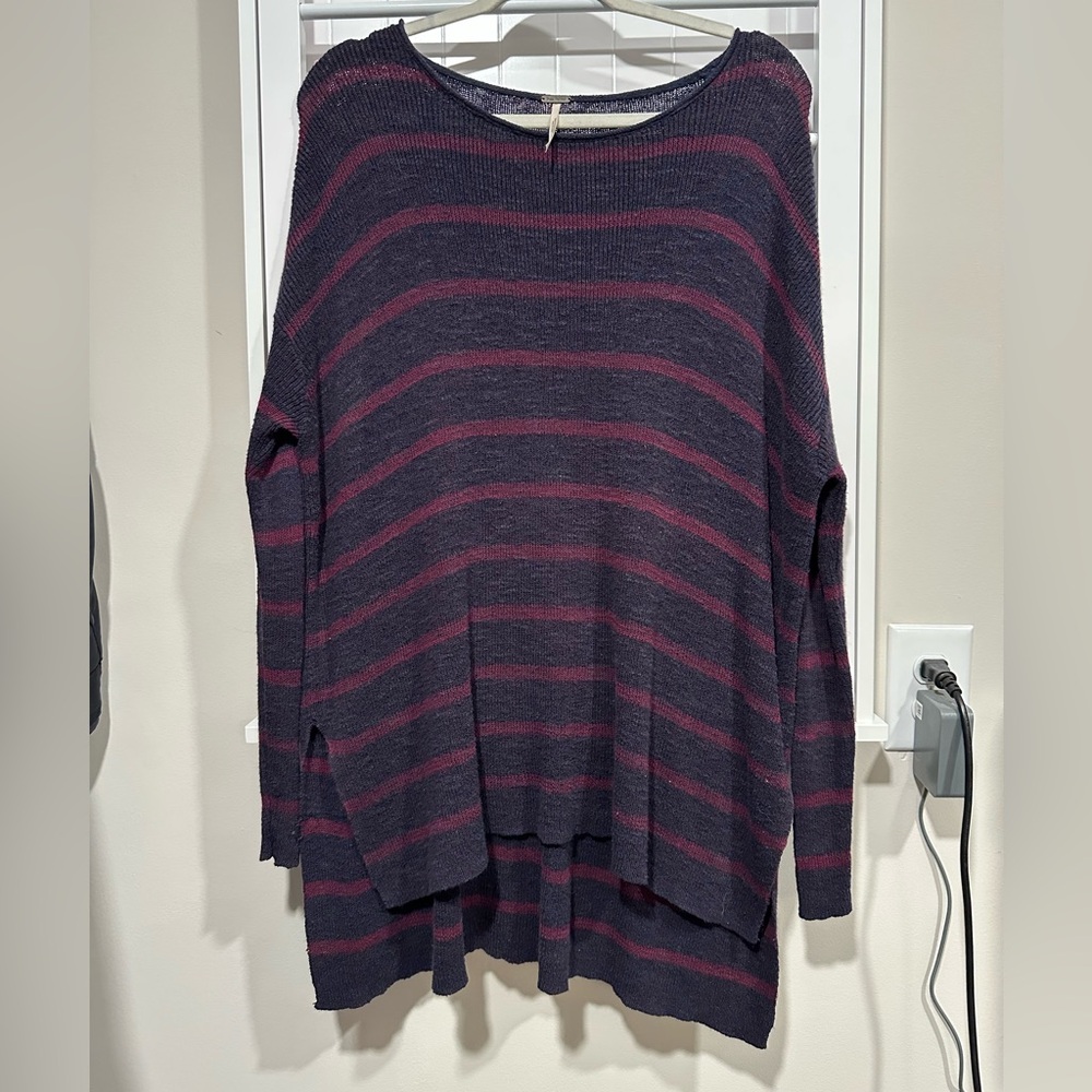 Free People Tunic Sweater XS Oversized Slouchy Long Sleeve Blue Purple Stripe